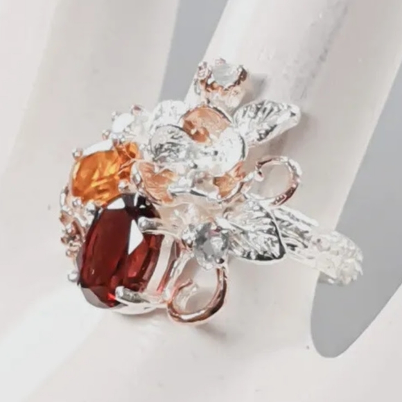 STUNNING Natural Garnet, Citrine, & Aqua Marine Ring - Picture 9 of 10